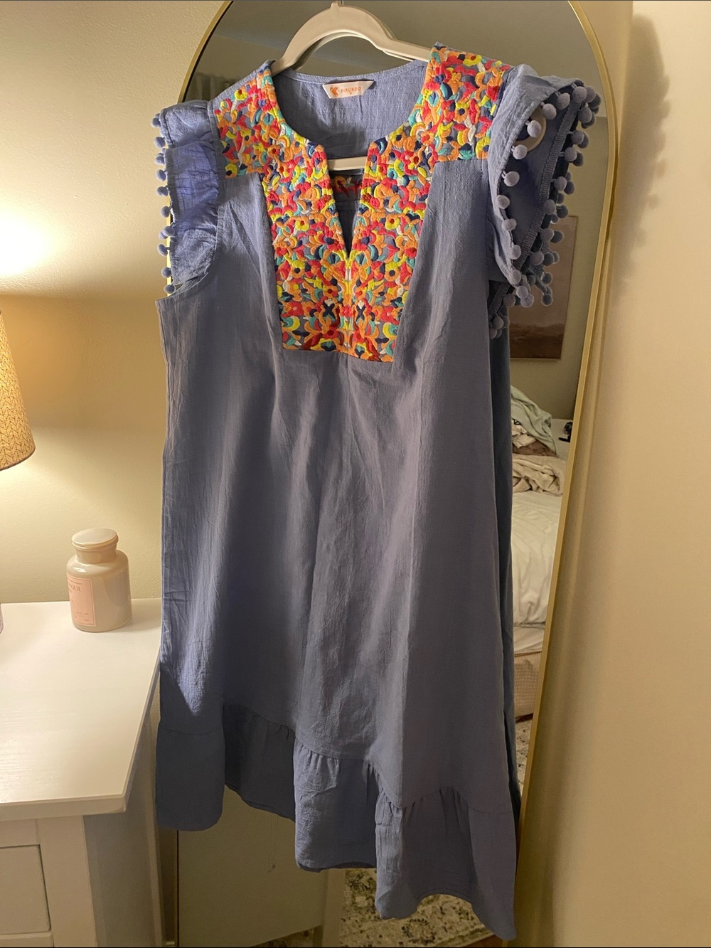 Women’s Light Blue Dress with Colorful Embroidered Yoke and Pom-Pom Trim
